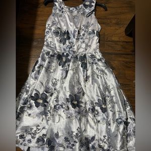 Tahari silver and blue embroidered dress